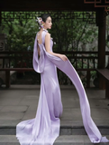 Elegant Light Purple Strapless Sheath Chiffon Long Evening Dress Prom Dresses HZ0319