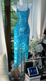 Vintage Blue Mermaid Sparkling Long Chiffon Spaghetti Strap Romantic Evening Dress Prom Dresses HZ0319