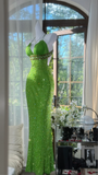 Shiny Green Sequined V-neck Spaghetti Strap Design Chiffon Prom Dress Evening Dress HZ0319