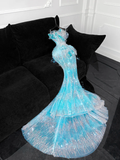 Gorgeous Sparkling Blue Beaded Sequin Mermaid Elegant Chiffon Tulle Evening Dress Prom Dresses HZ0319