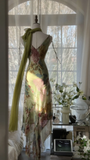 Elegant Green Fairy Gorgeous Floral Long Chiffon Spaghetti Strap Romantic Evening Dress Prom Dresses HZ0319