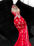 Gorgeous Sparkling Red Beaded Sequined Embroidery Design Elegant Mermaid Prom Dress Evening Dress HZ0319