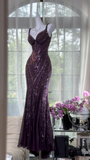 Gorgeous Purple Beaded Sequin V-neck Mermaid Elegant Chiffon Evening Dress Prom Dresses HZ0319