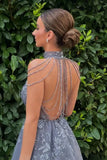 Vintage Navy Blue Appliqued Beaded Backless Design A-line Tulle Party Dress Homecoming Dress HZ0319